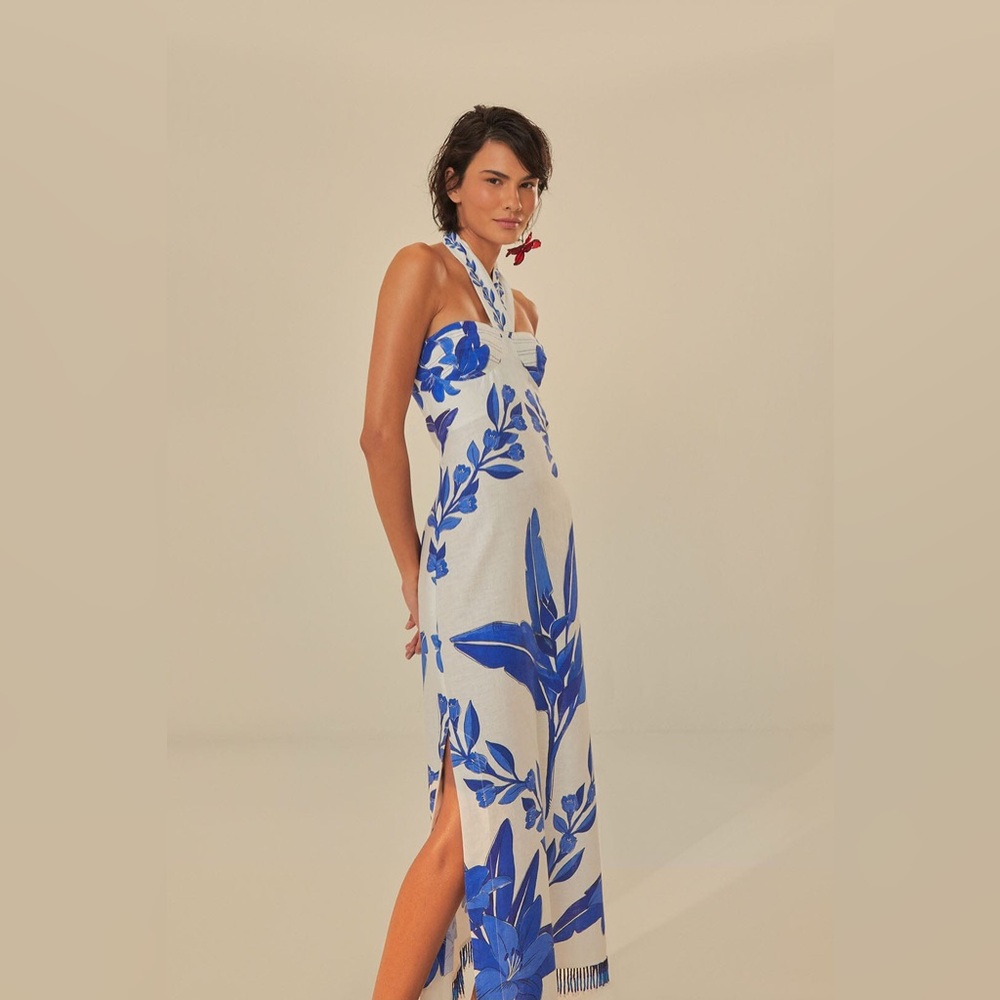 FARM Rio White Maxi Dress w/Bold Blue Floral Print Medium Like NEW! 100% Linen. - Picture 4 of 15
